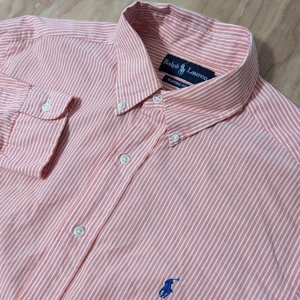 Ralph Lauren Classic Fit Button Down L/S Shirt Orange Striped Mens L Lightweight